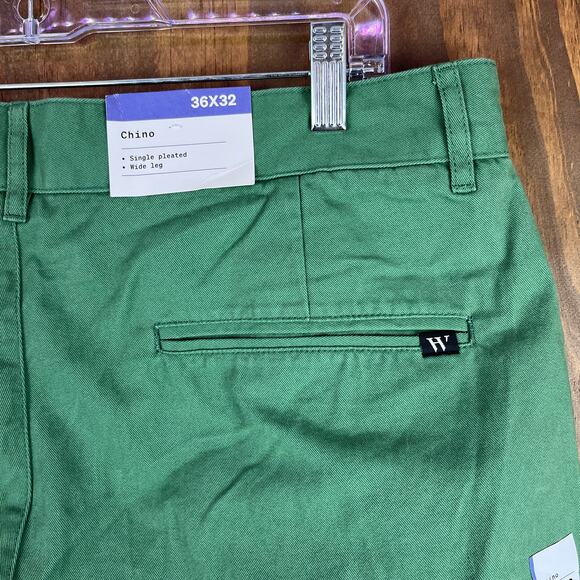 Houston White Mens Pants Green Chinos Single Pleated Wide Leg 100% Cotton 36x32 - Picture 11 of 12